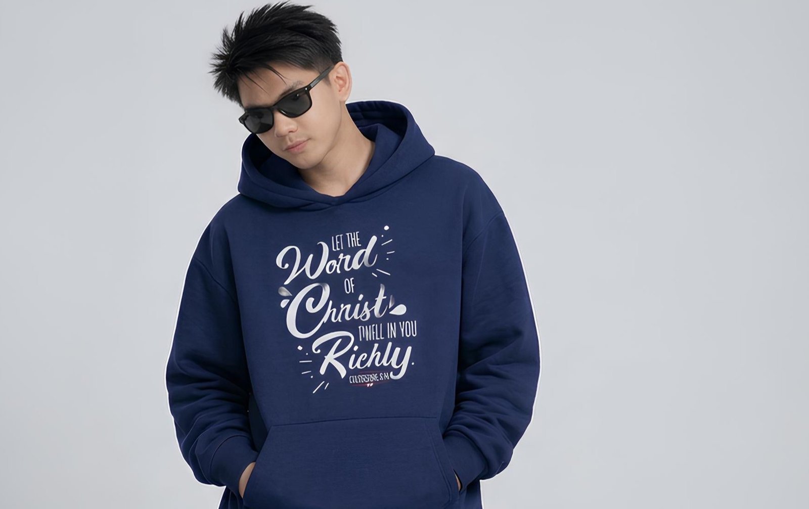 Model wearing a zip-up hoodie